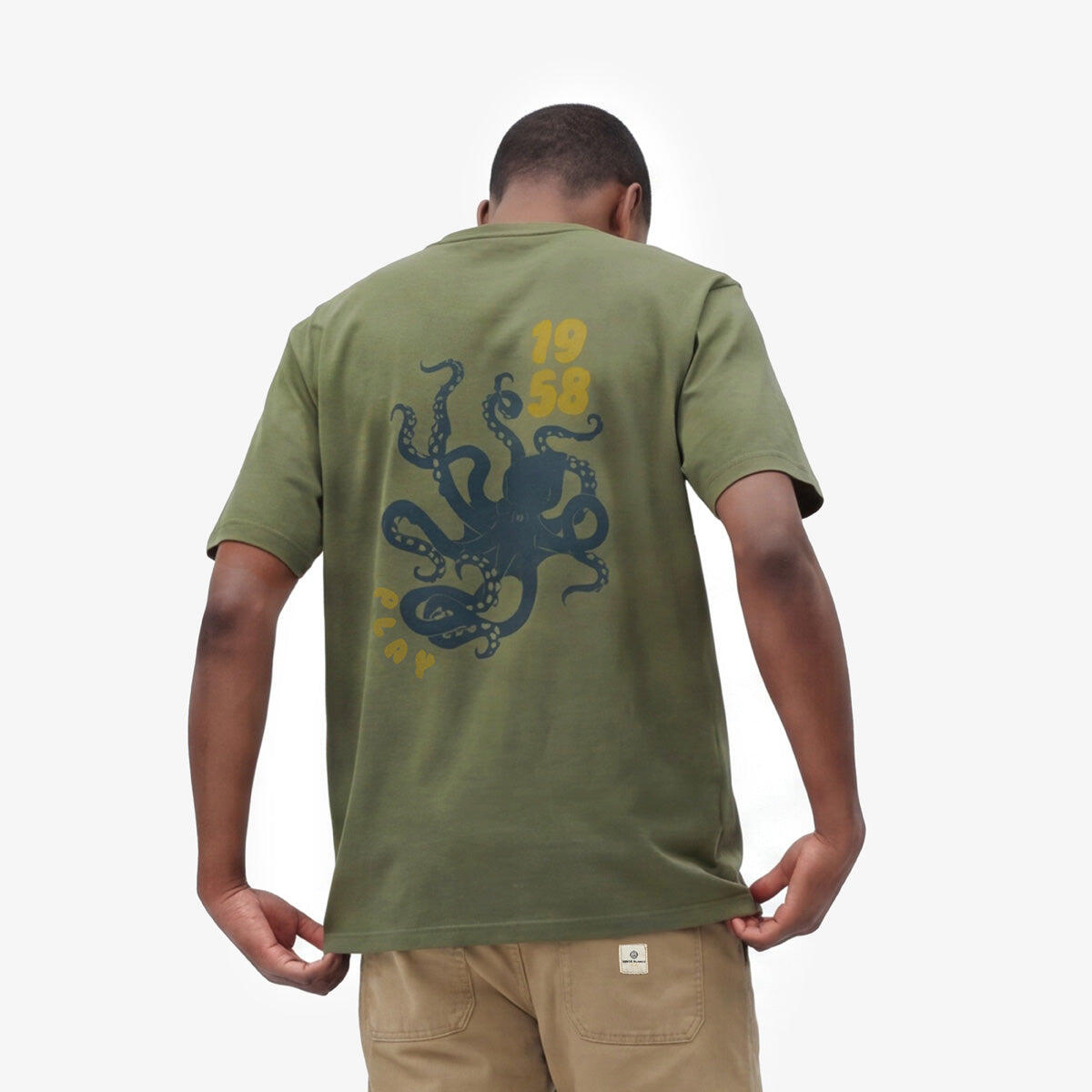 T-shirt girocollo verde militare in cotone con stampa polpo sul retro 2/7
