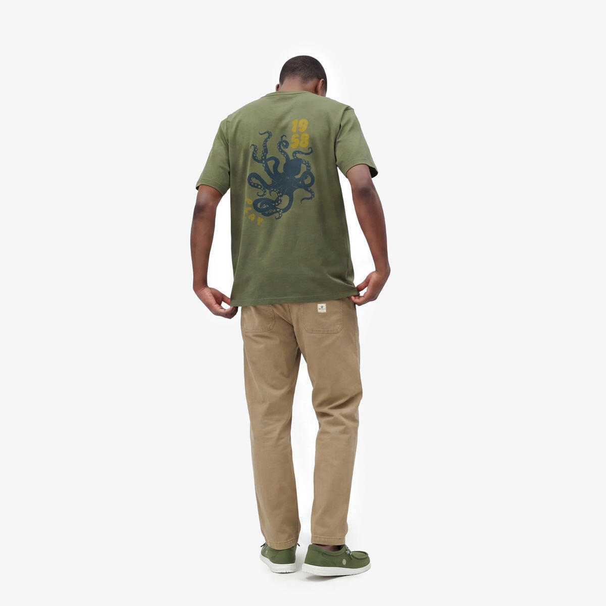 T-shirt girocollo verde militare in cotone con stampa polpo sul retro 7/7