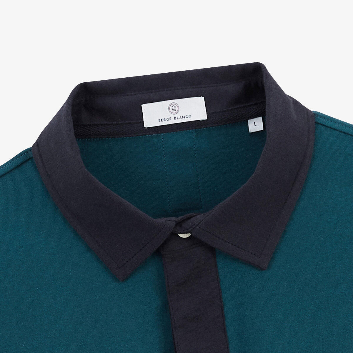 Camiseta de rugby de jersey de algodón azul opalino con cuello en contraste 3/4