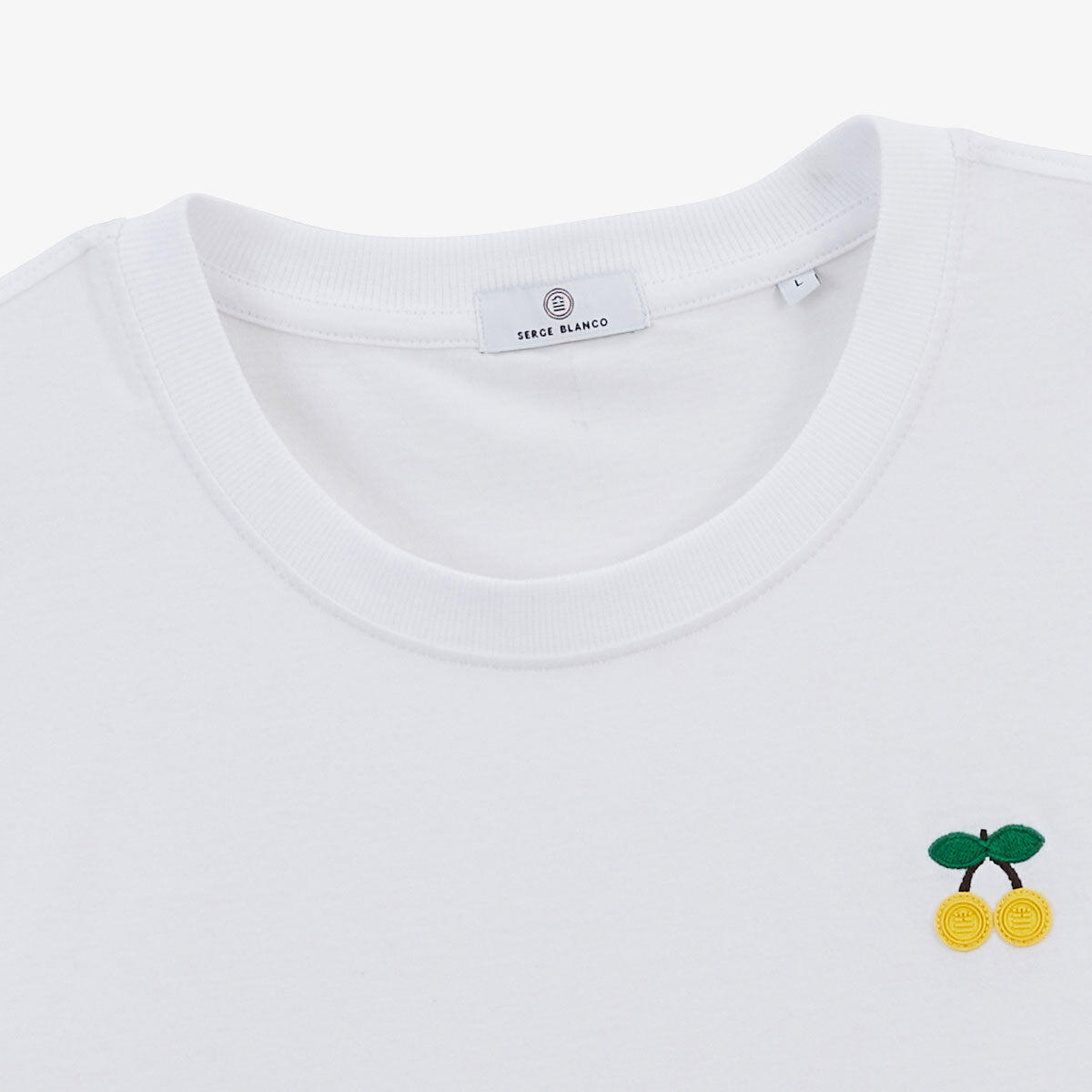 T-shirt girocollo in cotone bianco con ricamo ciliegie gialle sul petto 4/5