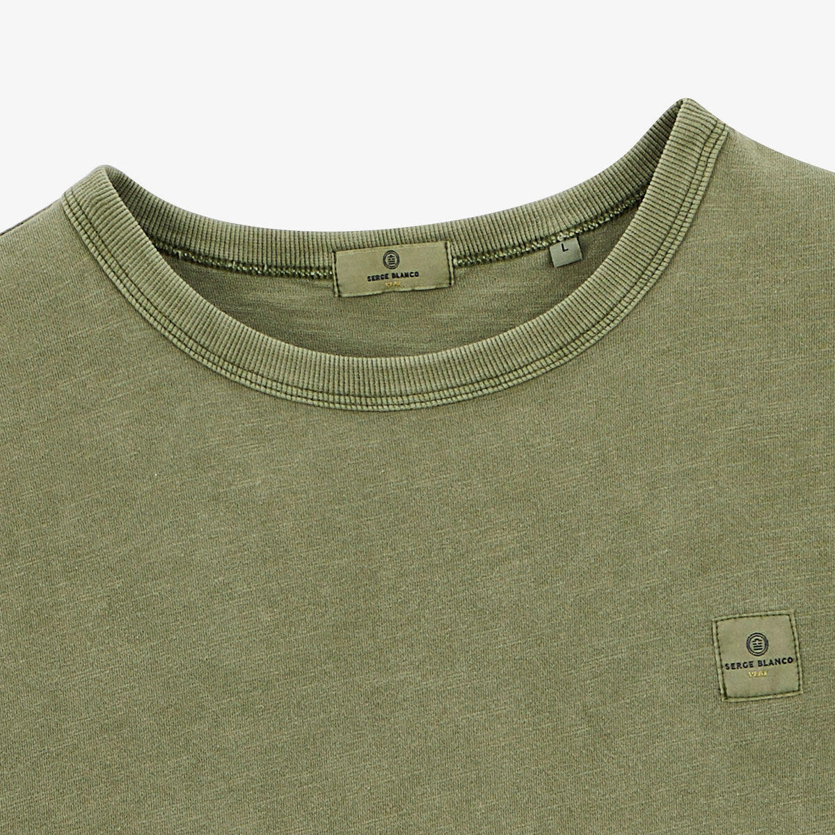 T-shirt girocollo in jersey fiammato con tintura a pigmenti verde militare 3/4