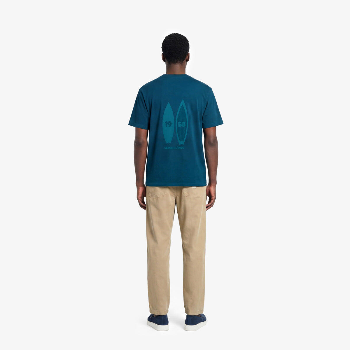 T-shirt de gola redonda em algodão estampado nas costas em azul opala 7/7