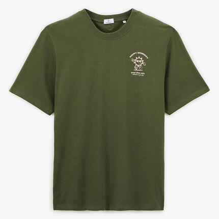 T-shirt col rond en coton imprimé poitrine vert militaire