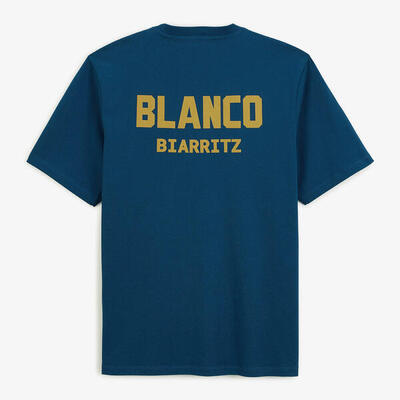 Opaalblauw t-shirt met ronde hals van katoen met blanco biarritz-print