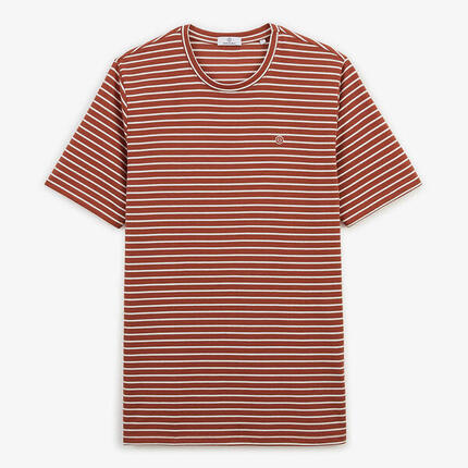 T-shirt col rond rayé blanc et rouge en lin et viscose