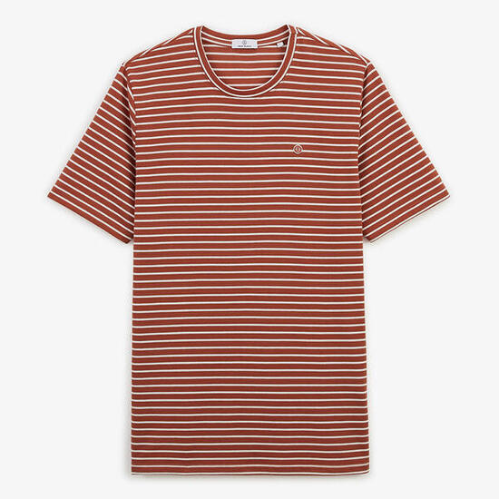 T-shirt col rond rayé blanc et rouge en lin et viscose
