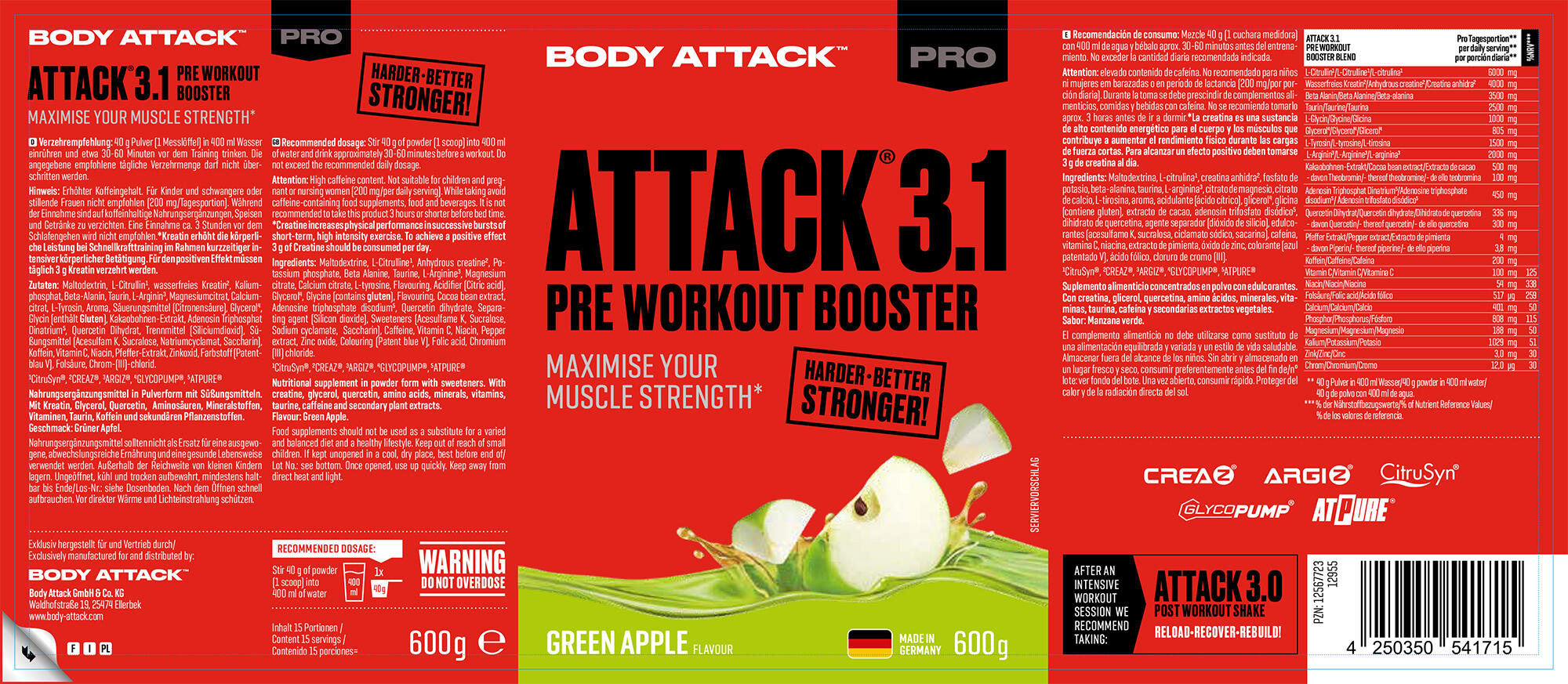 Body Attack Pre Attack 3.1 600g Green Apple Flavour 3/3
