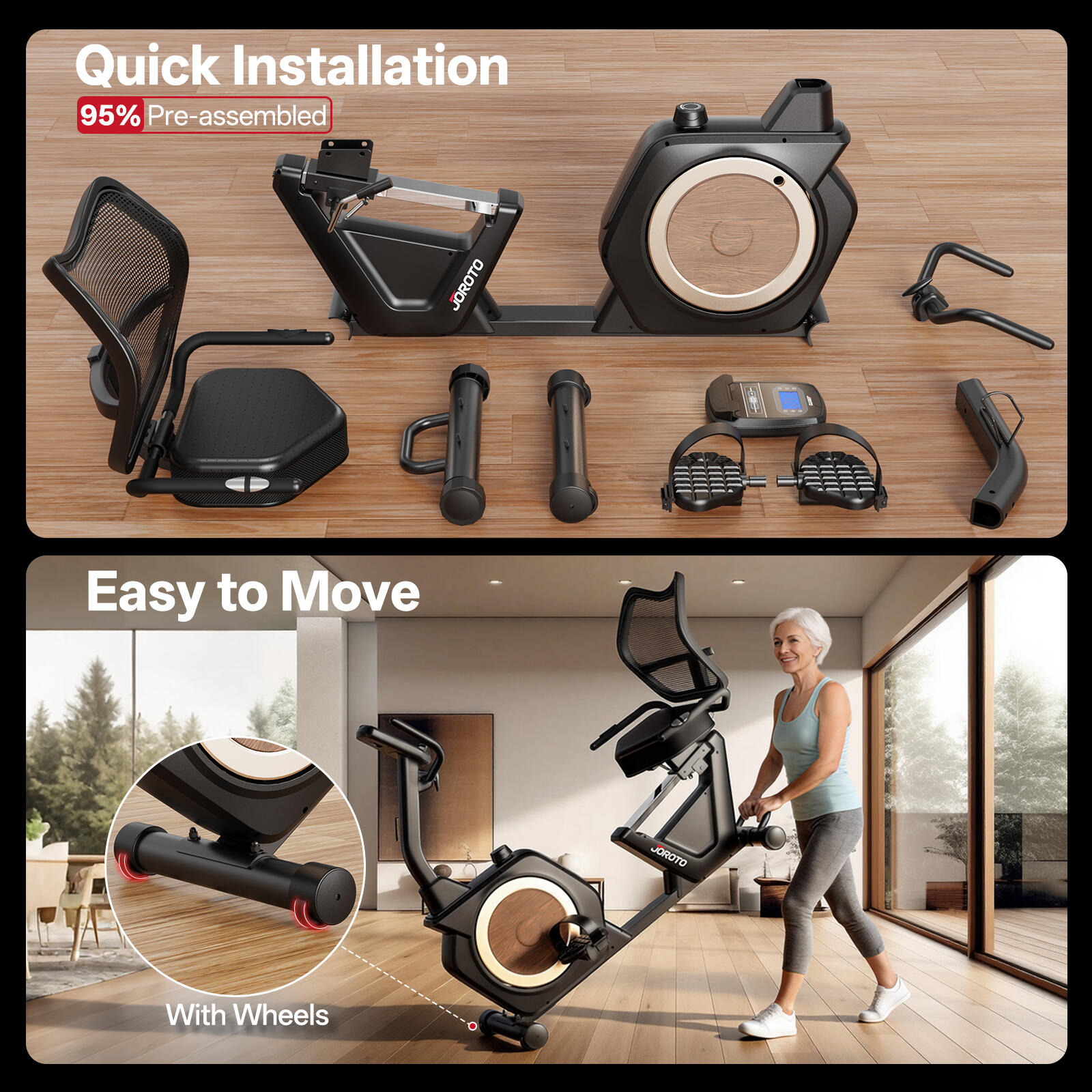 Vélo d'exercice couché JH50, 16 niveaux de résistance, jusqu'à 182 kg, écran LCD 6/7