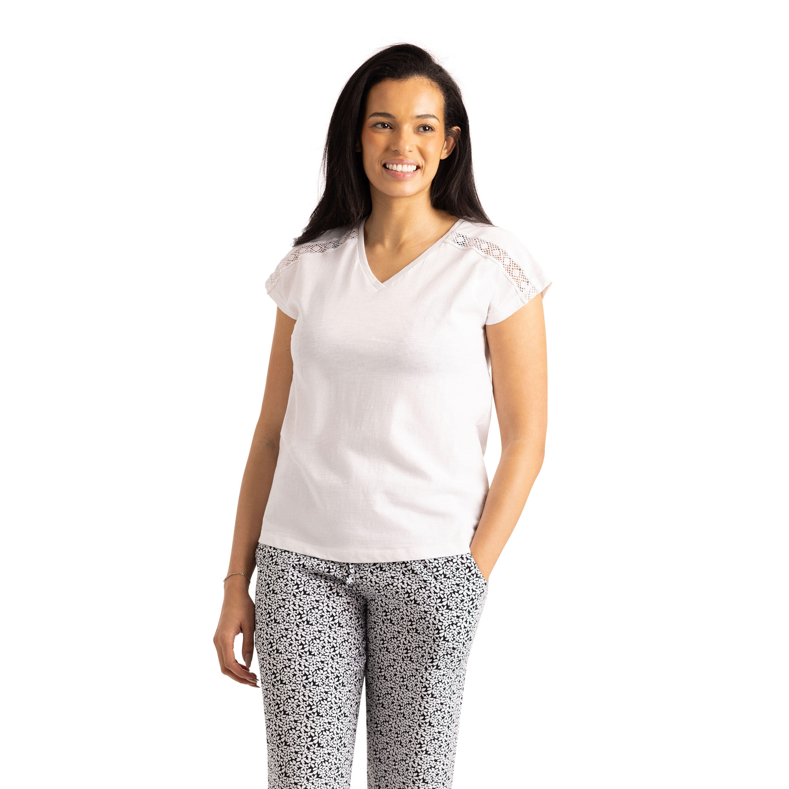 Womens V-Neck Lace Detail On Shoulder Relaxed Fit T-Shirt - Willa 3/5