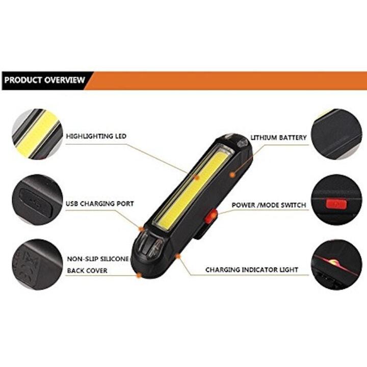 Lampa frontala far LED COB, reincarcabil USB, 5 moduri