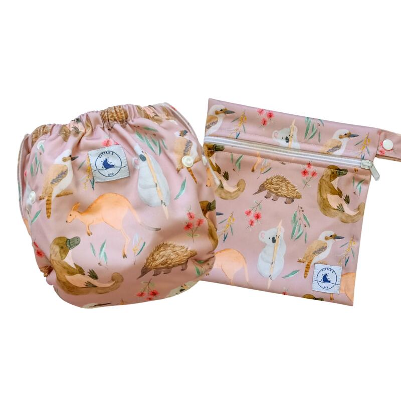 Little E and Co Reusable Swim Nappy & Mini Wet Bag Combo - Aus Animals