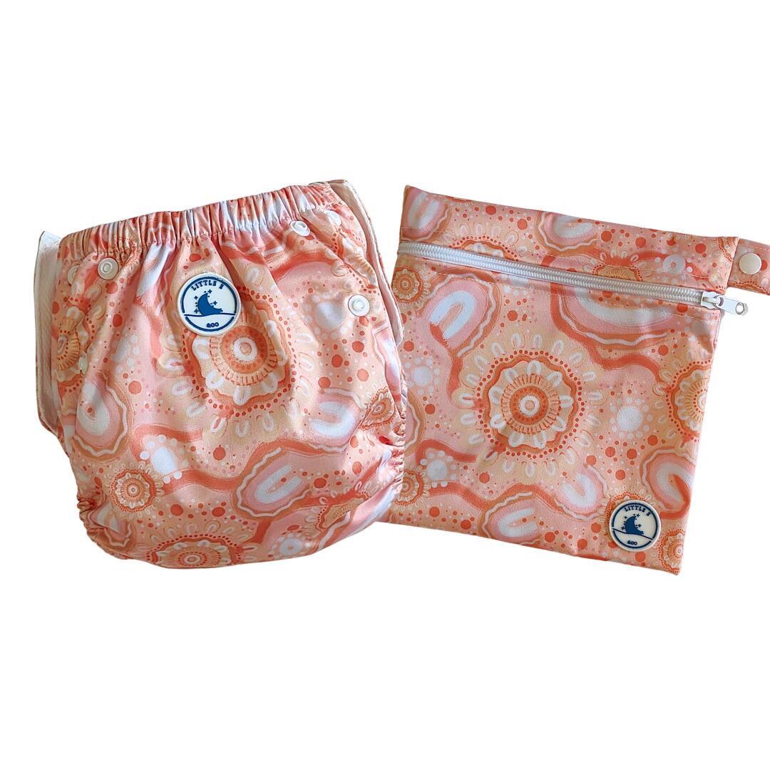 Little E and Co Reusable Swim Nappy & Mini Wet Bag Combo - Connected to Land