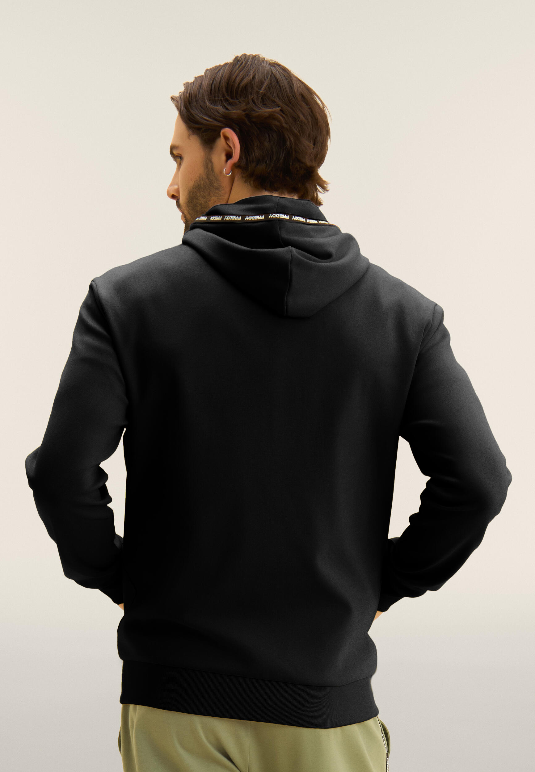 Sweat-shirt à capuche avec fermeture zippée en tissu interlock de coton 3/4