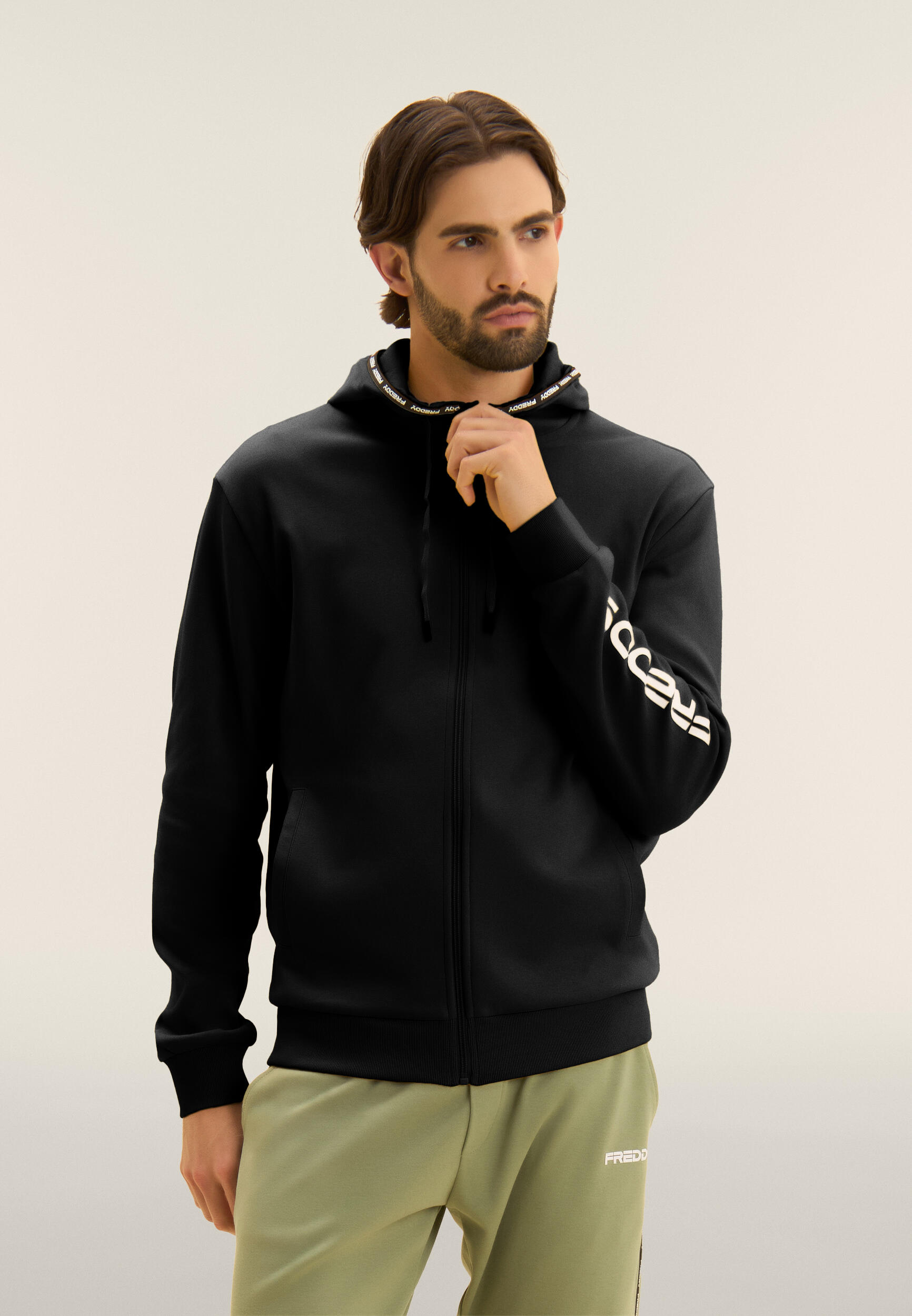Sweat-shirt à capuche avec fermeture zippée en tissu interlock de coton 2/4