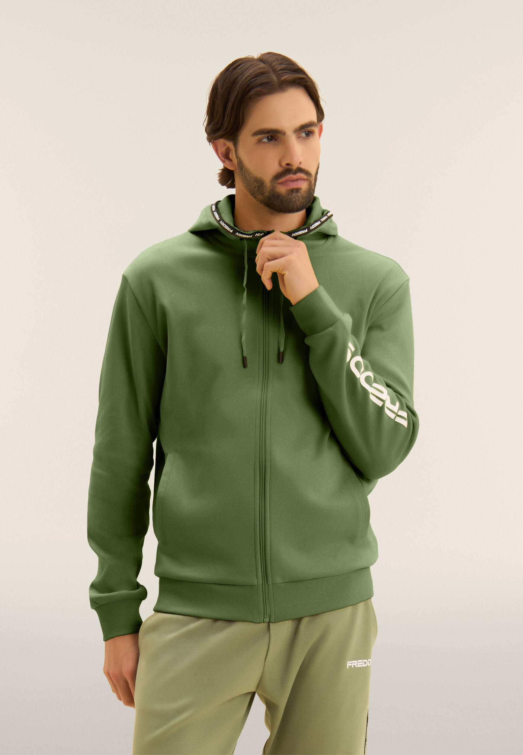 Sweat-shirt à capuche avec fermeture zippée en tissu interlock de coton 2/4