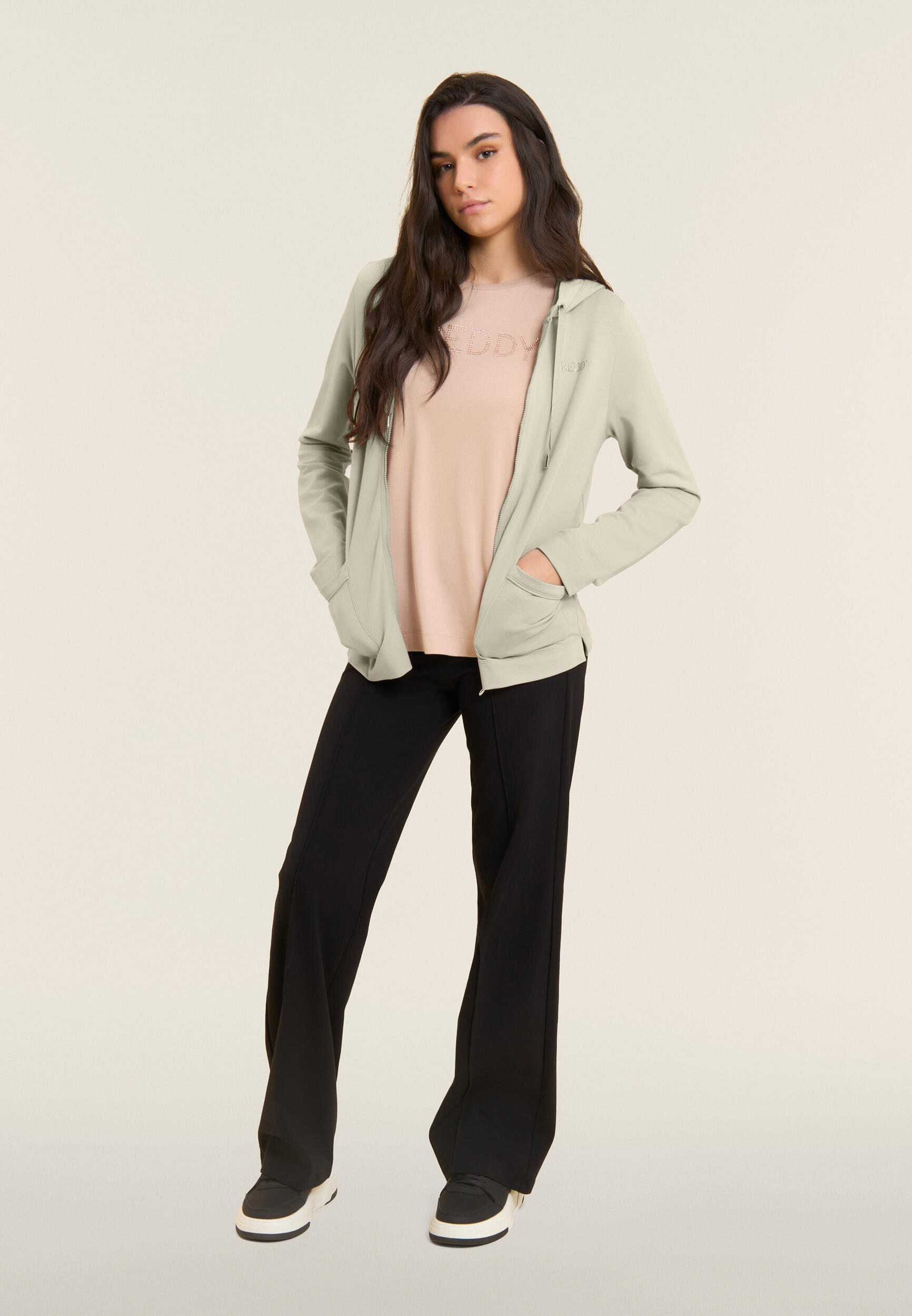 Felpa Cappuccio Zip con strass e inserto effetto seta 5/5