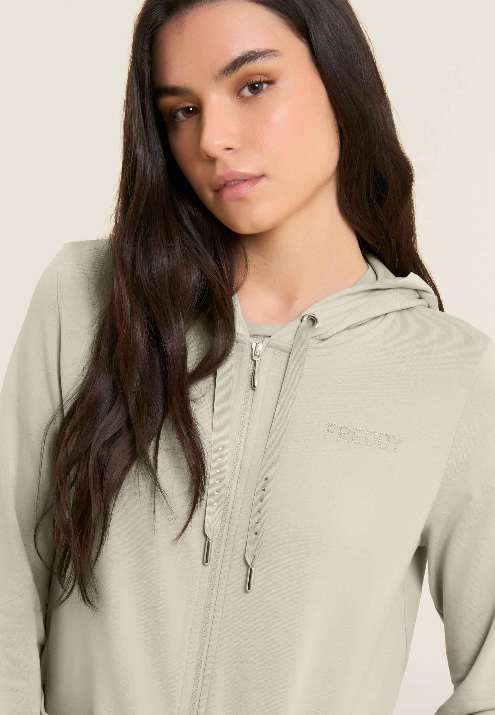 Felpa Cappuccio Zip con strass e inserto effetto seta 4/5