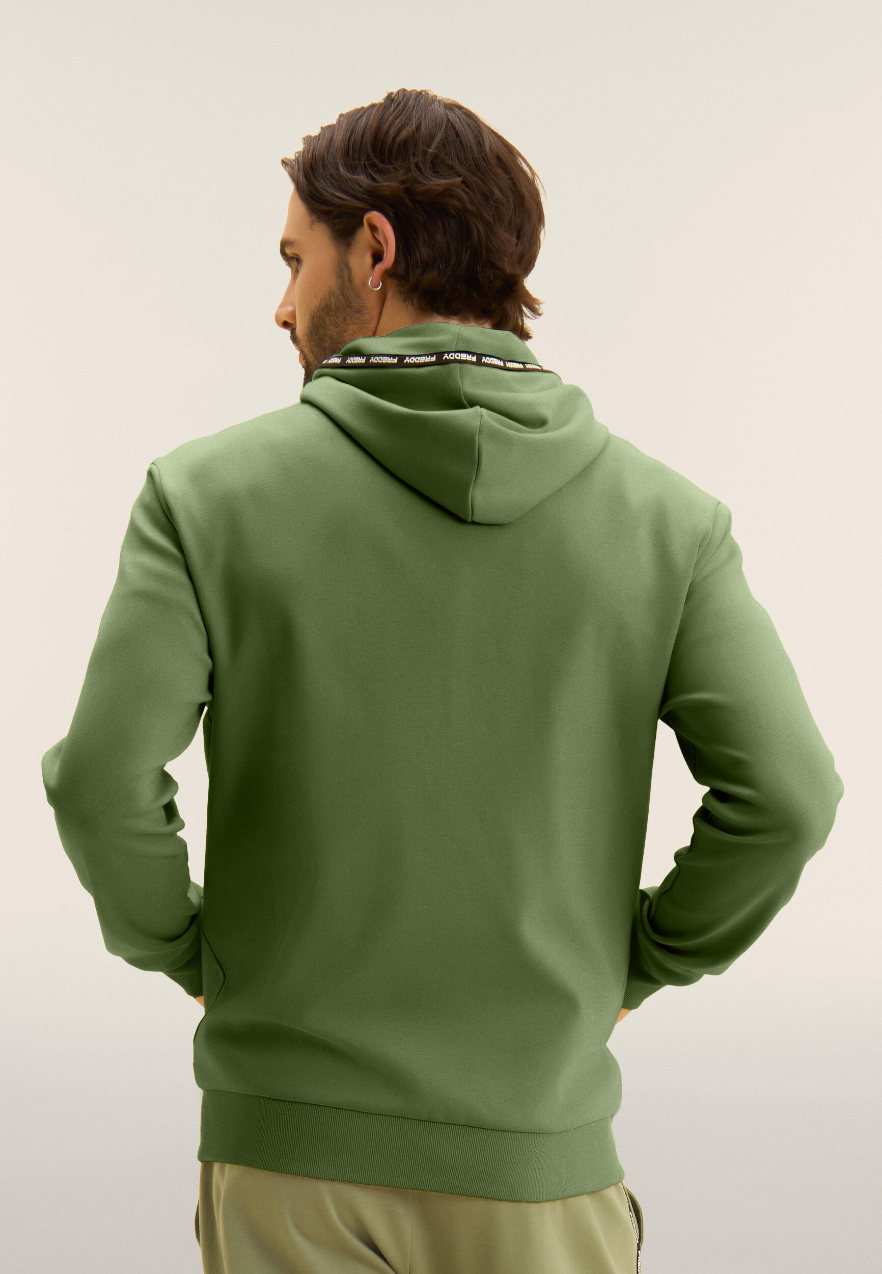 Sweat-shirt à capuche avec fermeture zippée en tissu interlock de coton 3/4