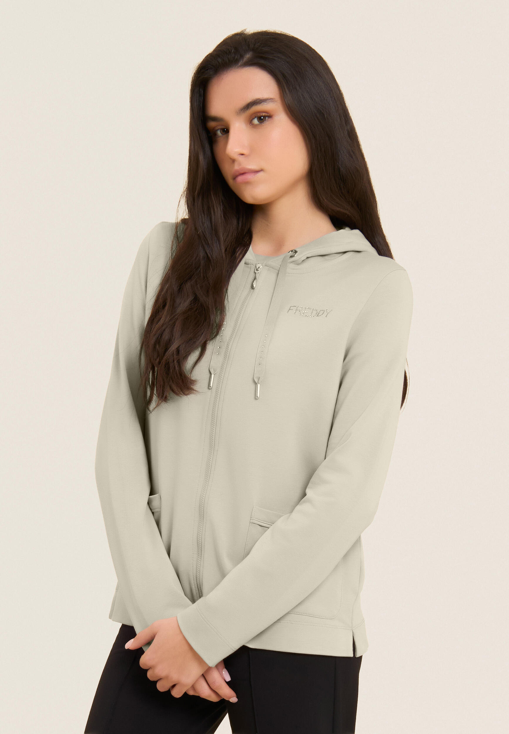 Felpa Cappuccio Zip con strass e inserto effetto seta 2/5
