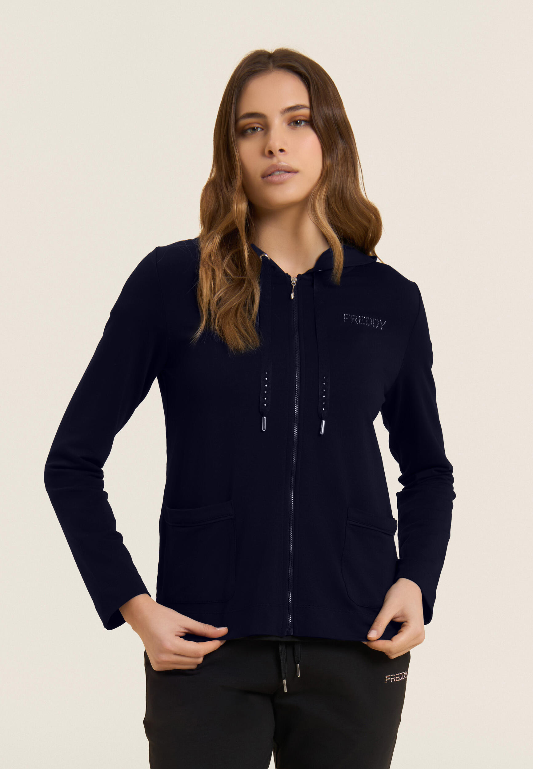 Felpa Cappuccio Zip con strass e inserto effetto seta 2/5