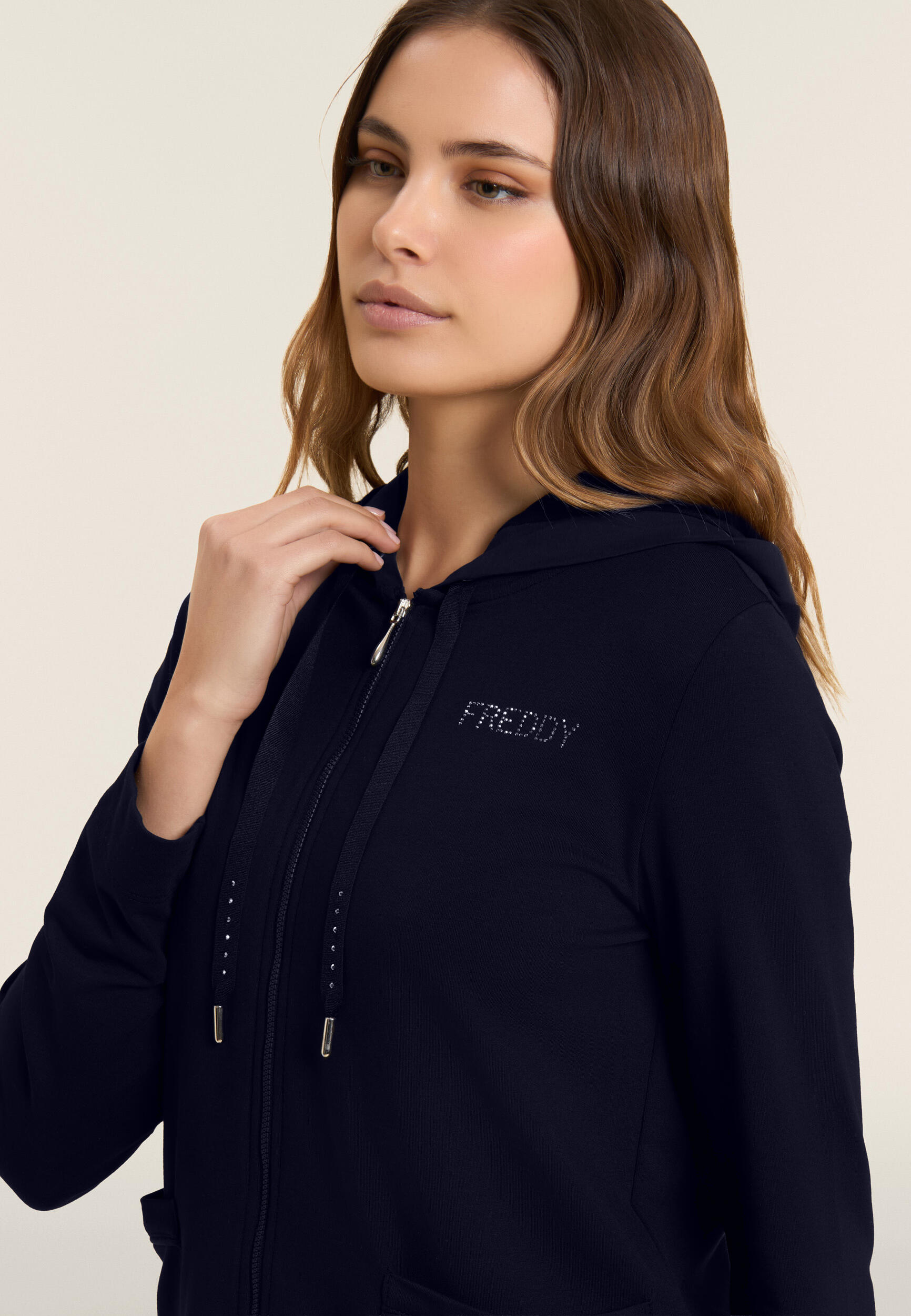 Felpa Cappuccio Zip con strass e inserto effetto seta 4/5