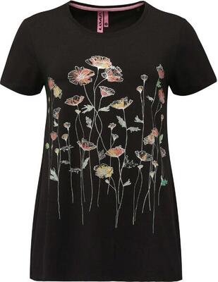 T-shirt donna Loap Abonie cotone-elastan nera con stampa papaveri