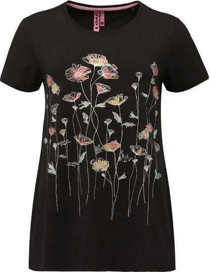 T-shirt donna Loap Abonie cotone-elastan nera con stampa papaveri