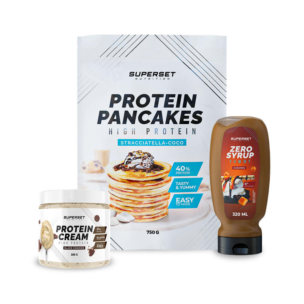 BREAKFAST PACK - PANCAKES - PROTEIN CREAM White chocolate + ZERO SYRUP Caramel