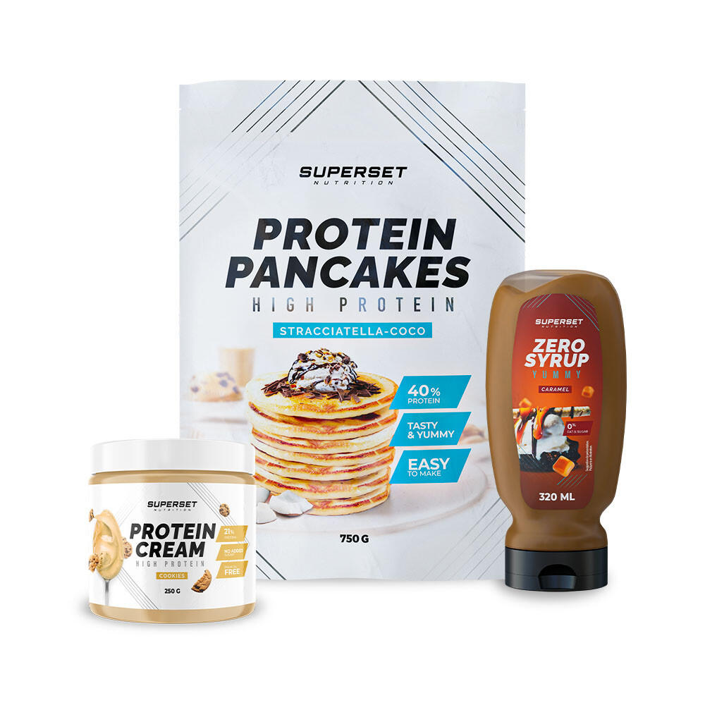 BREAKFAST PACK - PANCAKES - PROTEIN CREAM White chocolate + ZERO SYRUP Caramel