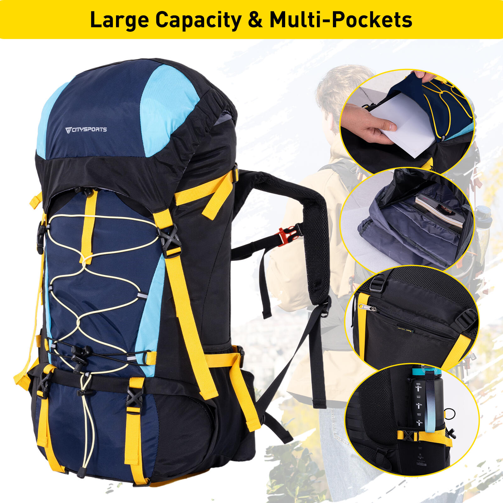 Sac à dos randonnée 60L, CITYSPORTS  portage réglable 6/7