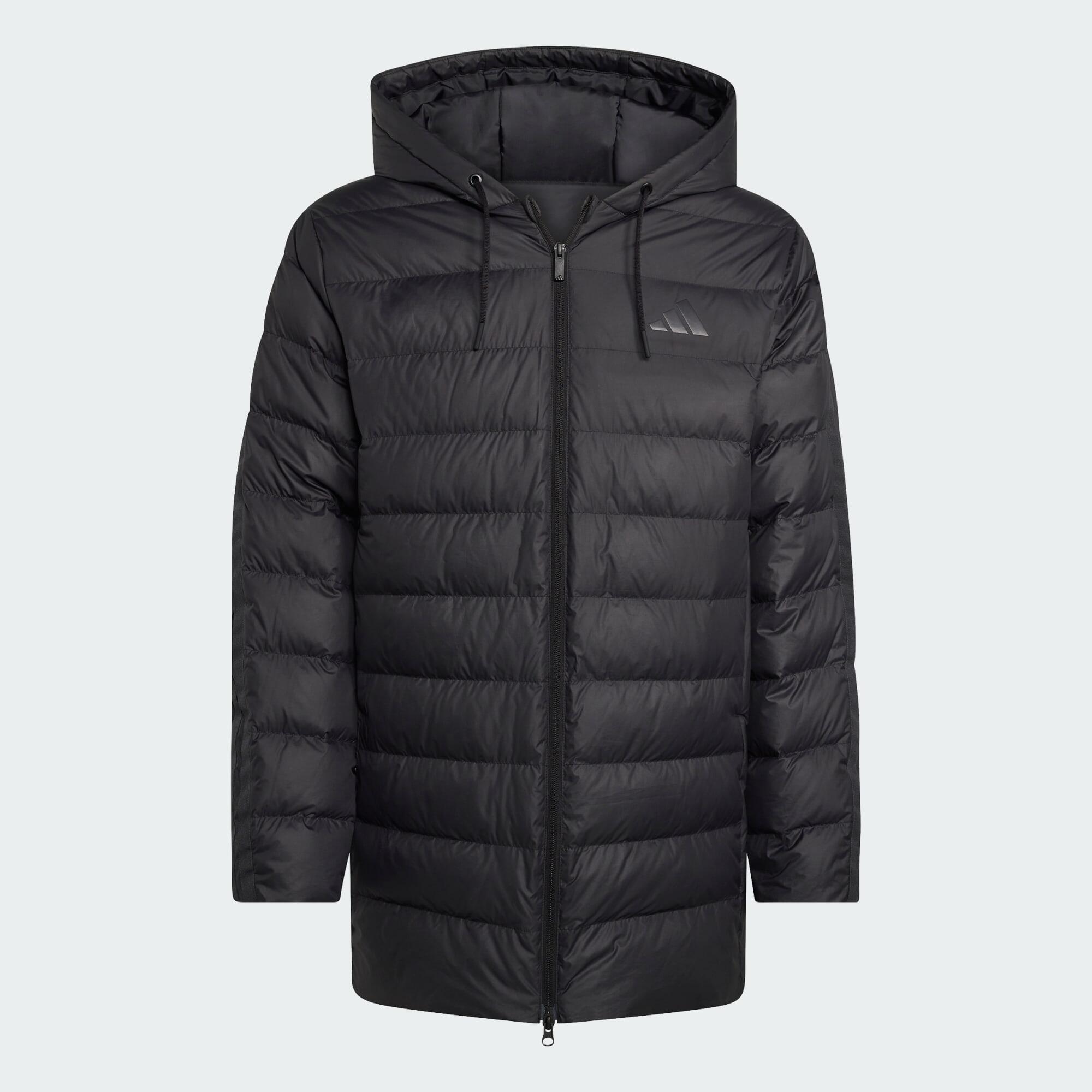 Jachetă parka ușoară cu 3 dungi Essentials CLIMAWARM, cu glugă și puf de rață