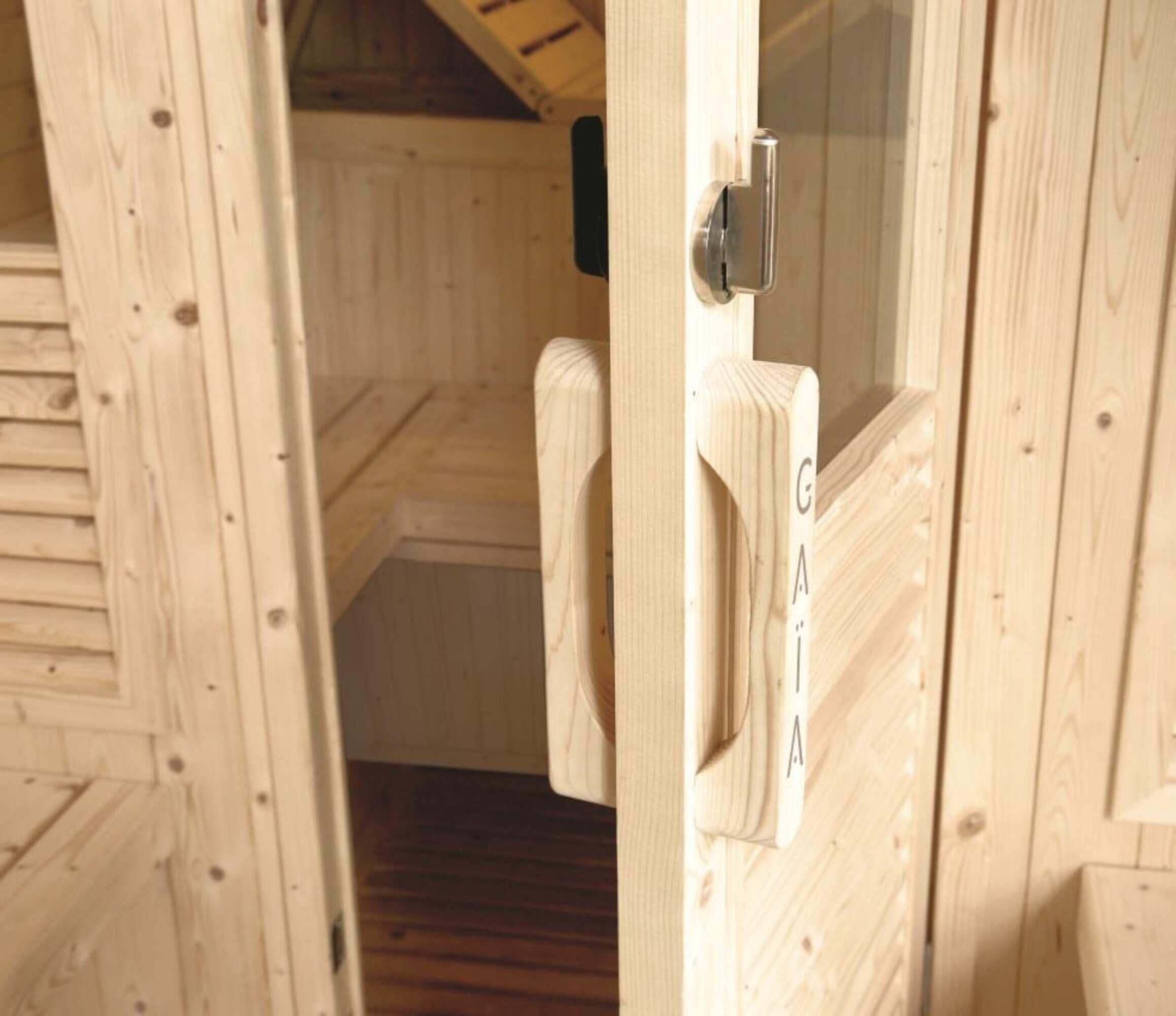 Sauna finlandesa exterior 6  Plazas Gaia Luna cromoterapia Abeto Canadá LED 6/7