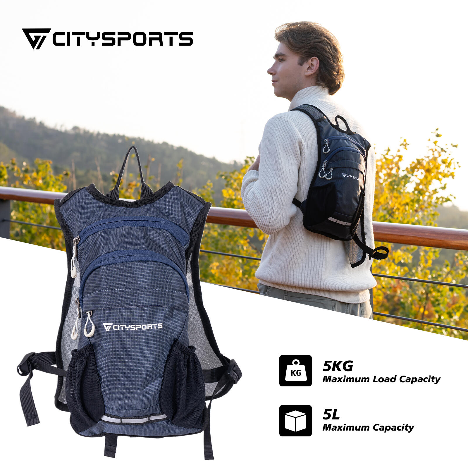 CITYSPORTS Mochila Senderismo 5L, Ultra-ligera para Ciclismo, Azul 5/7