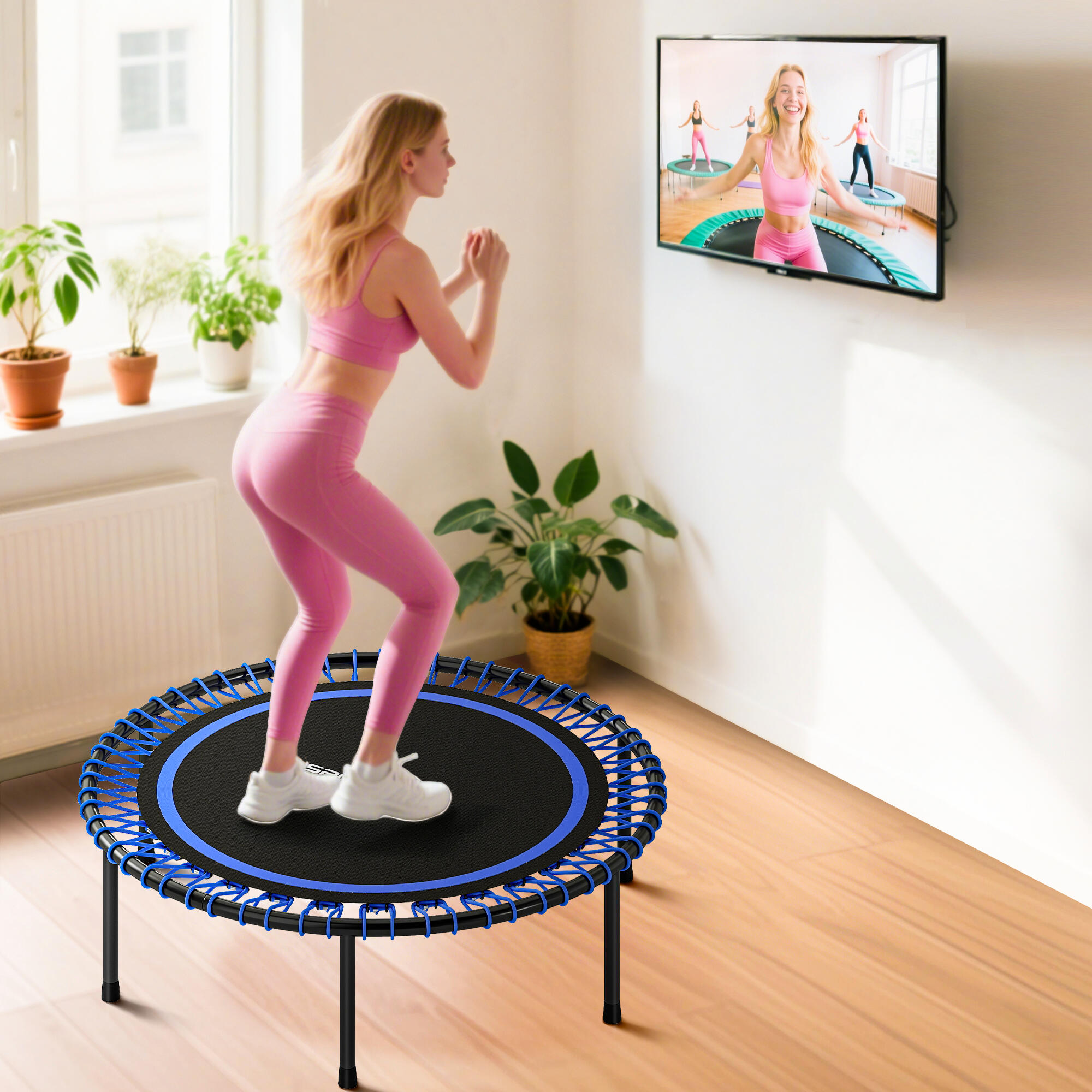 SPORTNOW Trampolino Elastico Fitness a 36 Corde in Acciaio e PP Ø114x31 cm Blu 7/8