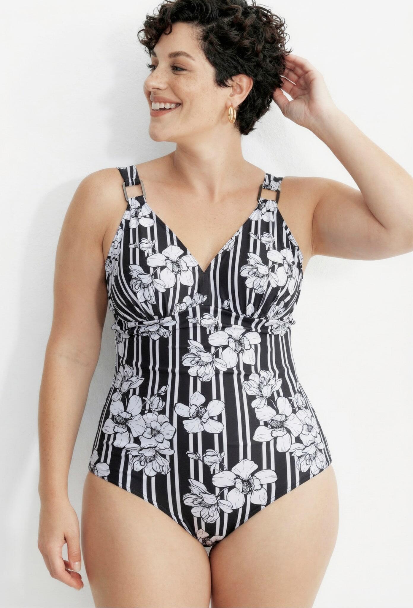 Femme Maillot de bain avec bonnets souples motif rayures/fleurs matière recyclée 6/7