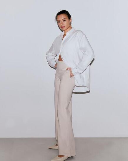 Femme Pantalon Mélange Modal Taille Haute Jambes Larges Sable