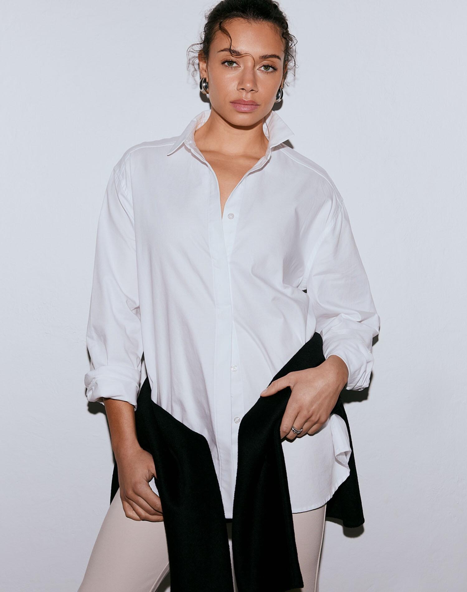 Camisa Mujer Algodón Tejido Oxford Abotonada Manga Larga Corte Relajado Blanco 3/6
