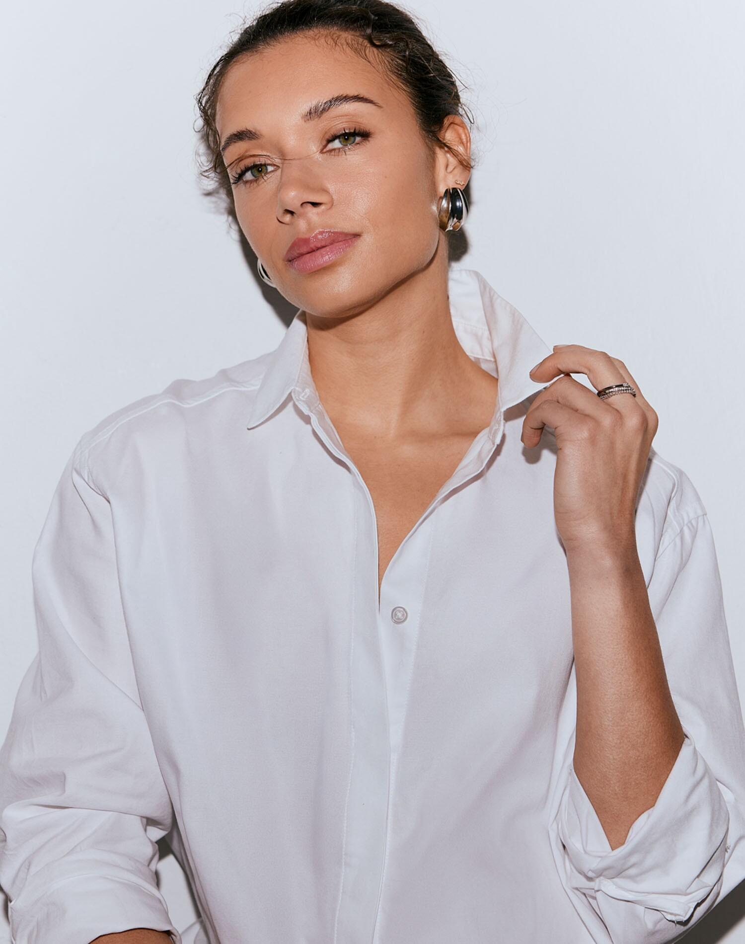 Camisa Mujer Algodón Tejido Oxford Abotonada Manga Larga Corte Relajado Blanco 5/6