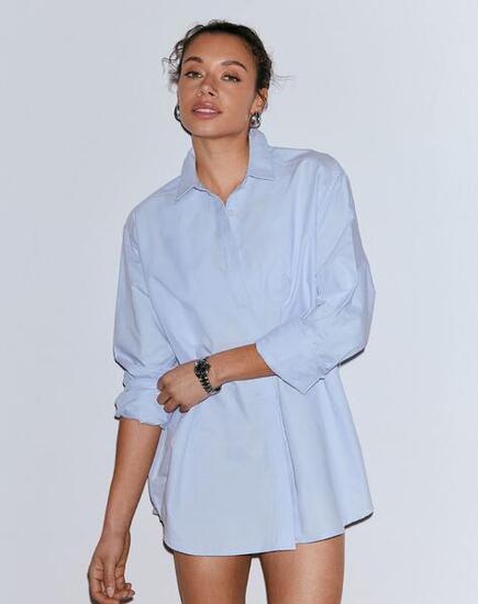 Femme Chemise Oxford Coton Col Boutonné Manches Longues Décontractée Bleu