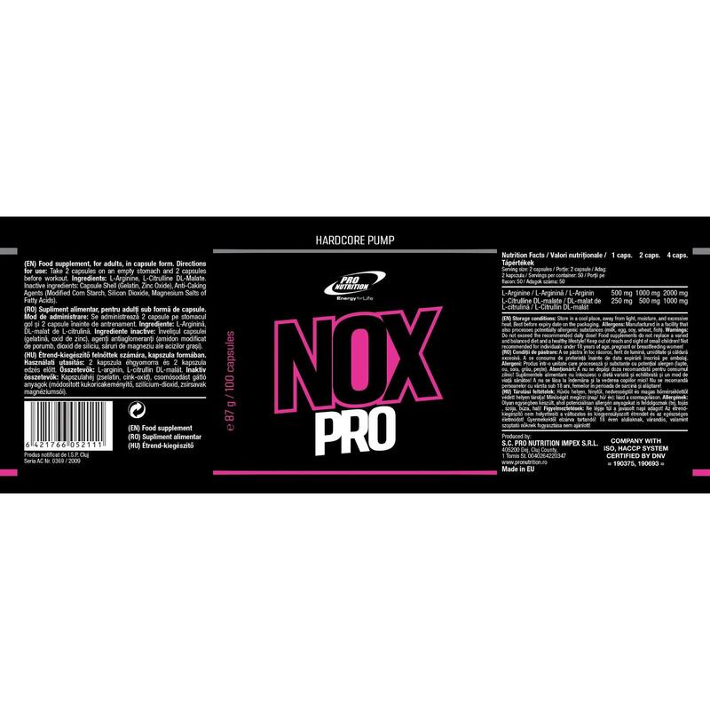 Supliment pre-antrenament cu arginină, Nox-Pro, 100 capsule