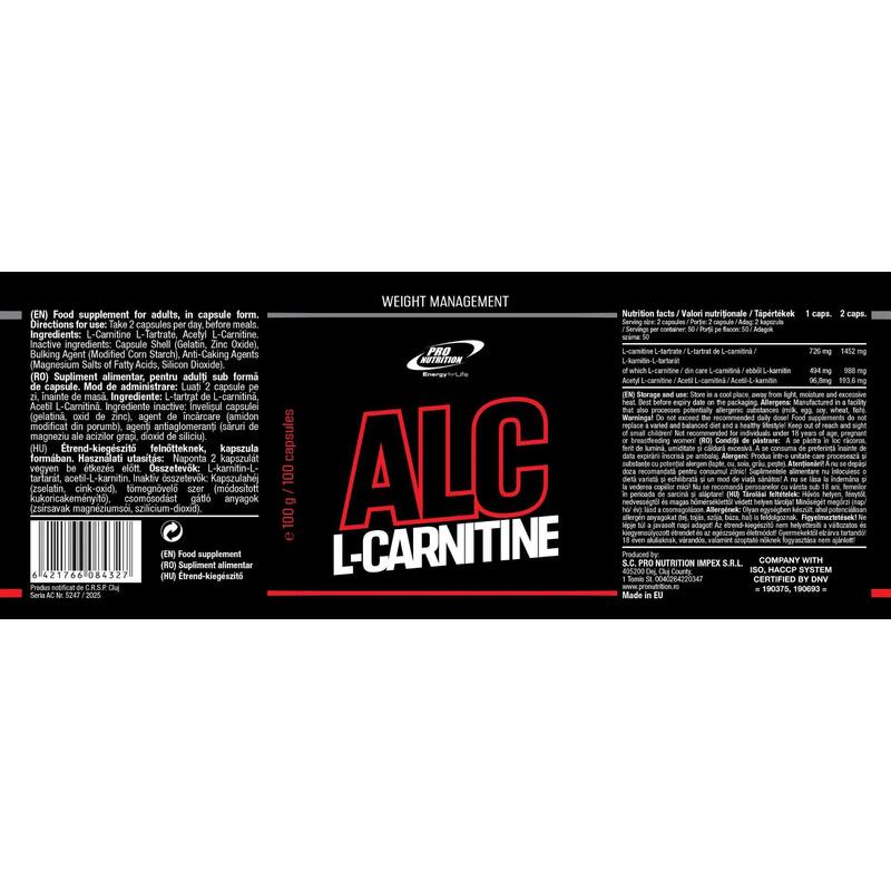 Supliment alimentar, ALC L-Carnitine, 100 capsule