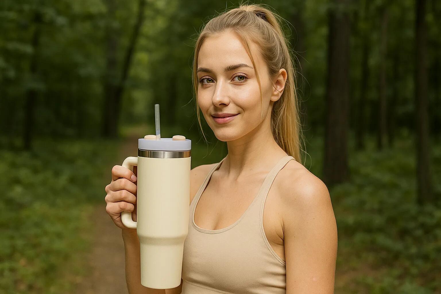 Kubek termiczny ze słomką termos z uchwytem 1200ml beżowy Black Forest 6/7