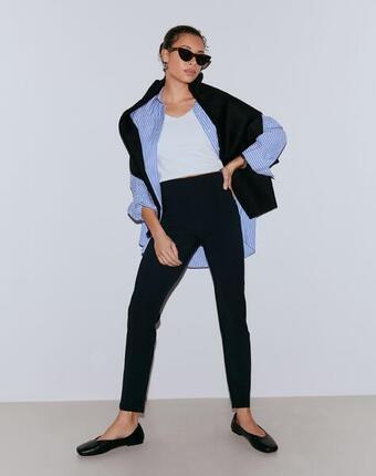 Femme Pantalon Taille Haute Plis Piqués Ajusté Jambe Droite Noir