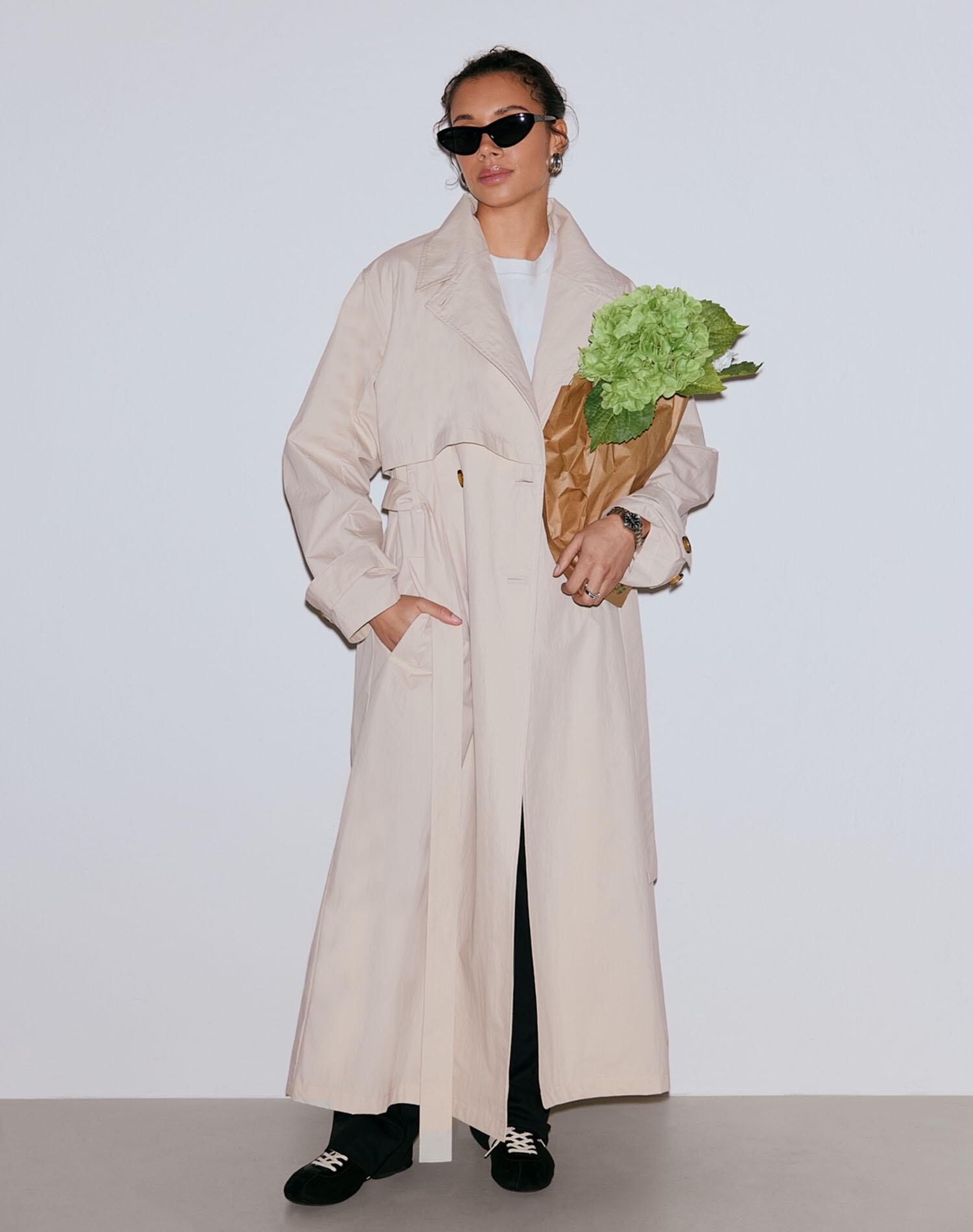 Gabardina Mujer Repelente al Agua Doble Botonadura Larga Femme Beige 2/7