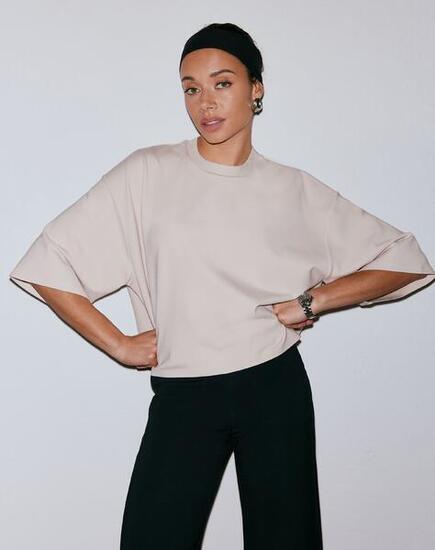 Femme T-shirt Coupe Carrée Ample Manches Courtes Mélange Modal Sable