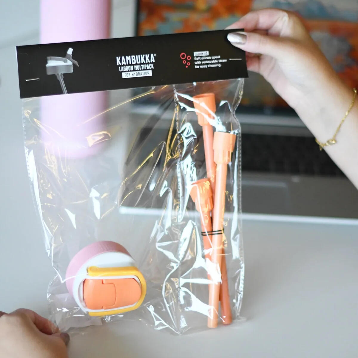 Sada víčka Lagoon + 3 brčka pro lahve a termohrnky Pink 3/4