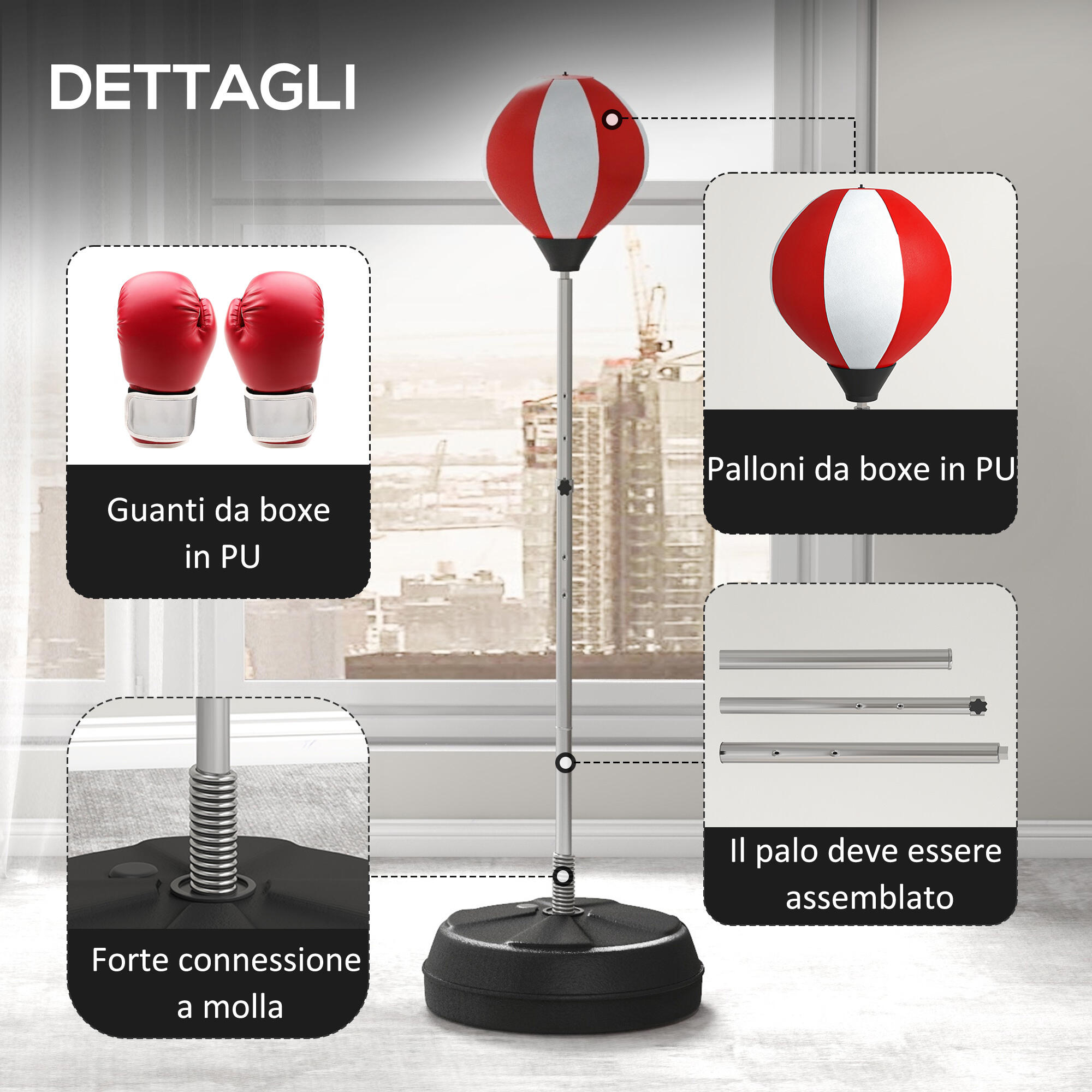 HOMCOM Punching Ball da Terra ad Altezza Regolabile con Guantoni Rosso Bianco 7/7