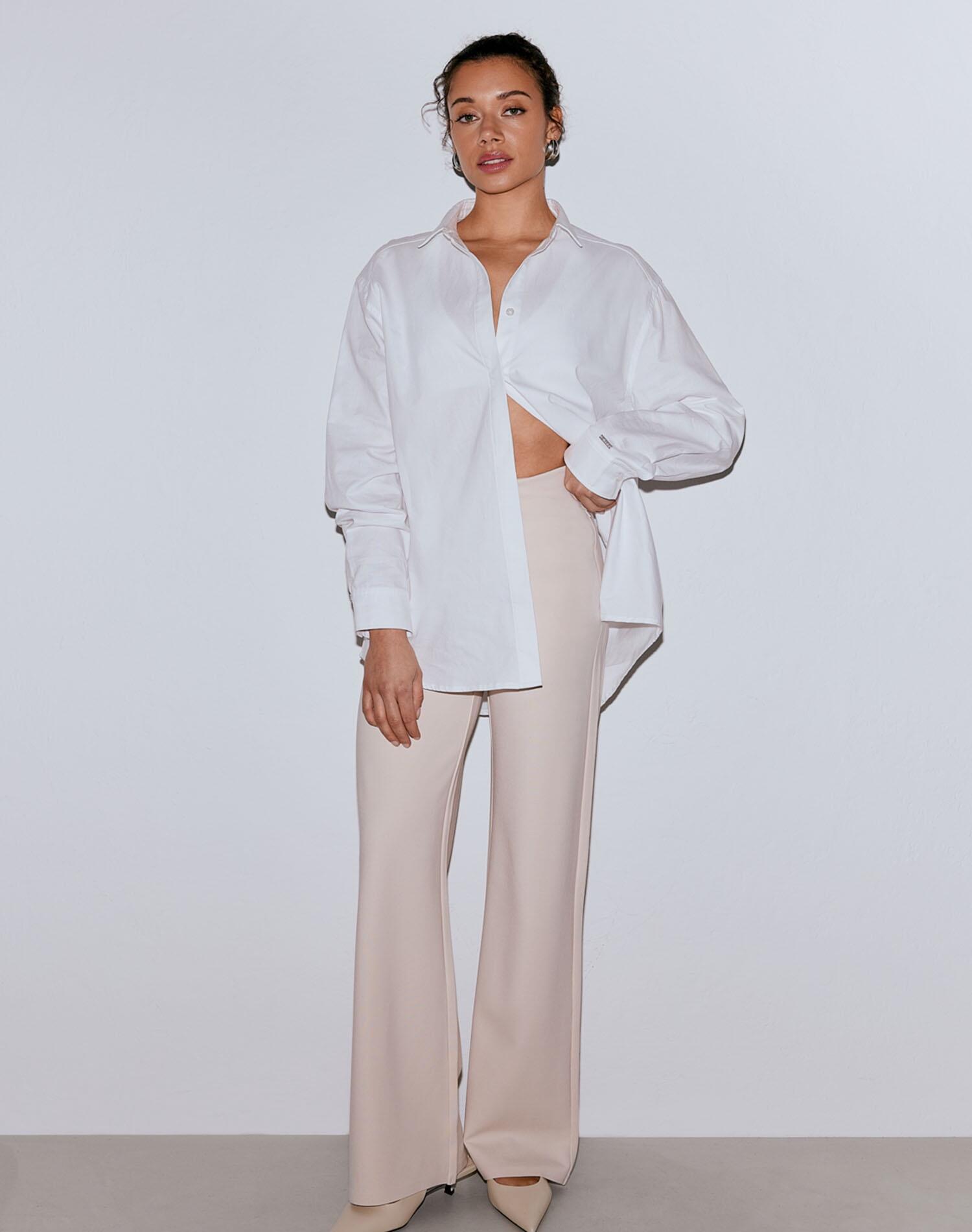 Pantalón Mujer Mezcla de Modal Tiro Alto Pierna Ancha Luxe Arena 2/7