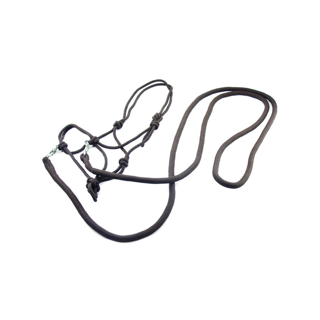 Knotted halter with reins and snap hooks