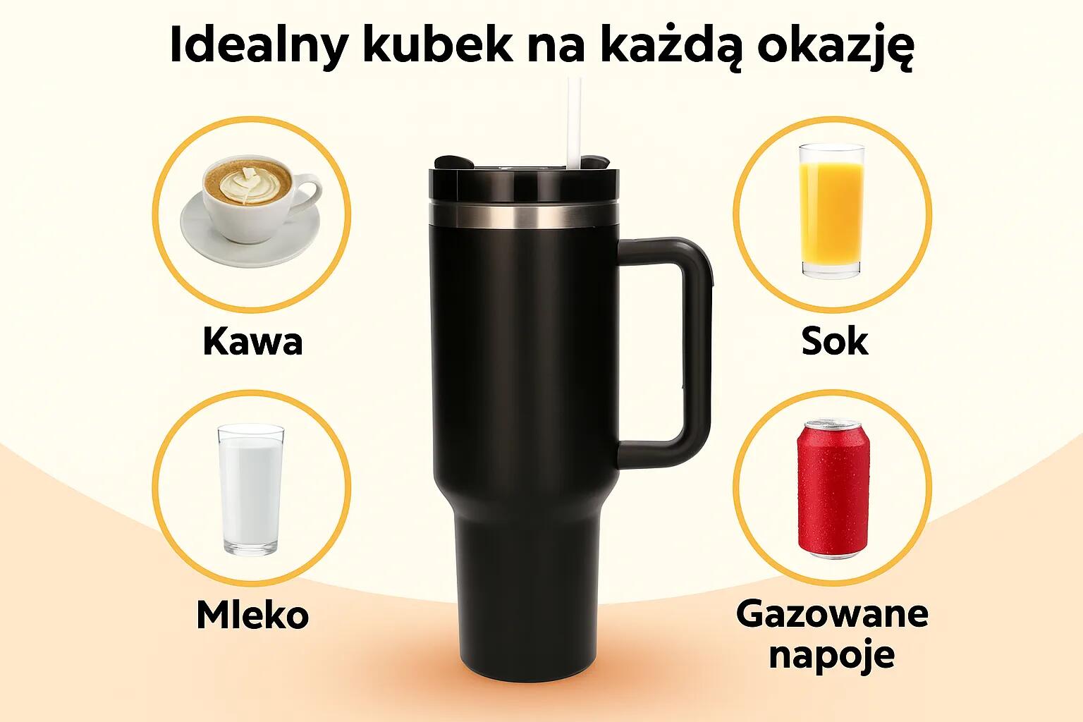 Kubek termiczny ze słomką termos z uchwytem 1200ml CZARNY Black Forest 2/7
